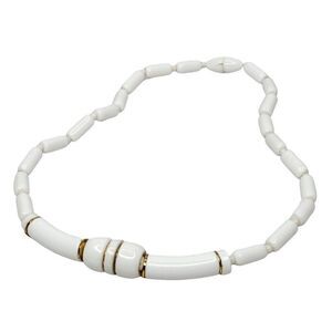 Vintage White Lucite Bead Necklace Rice Oval Gold Metal 16"